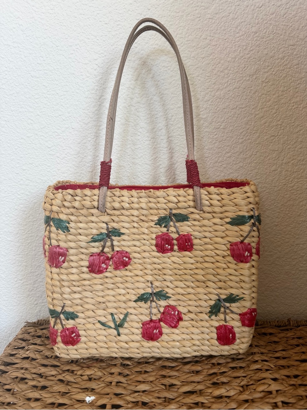 Straw Woven Cherry 🍒 Embroidered Tote Bag - Women’s Purse